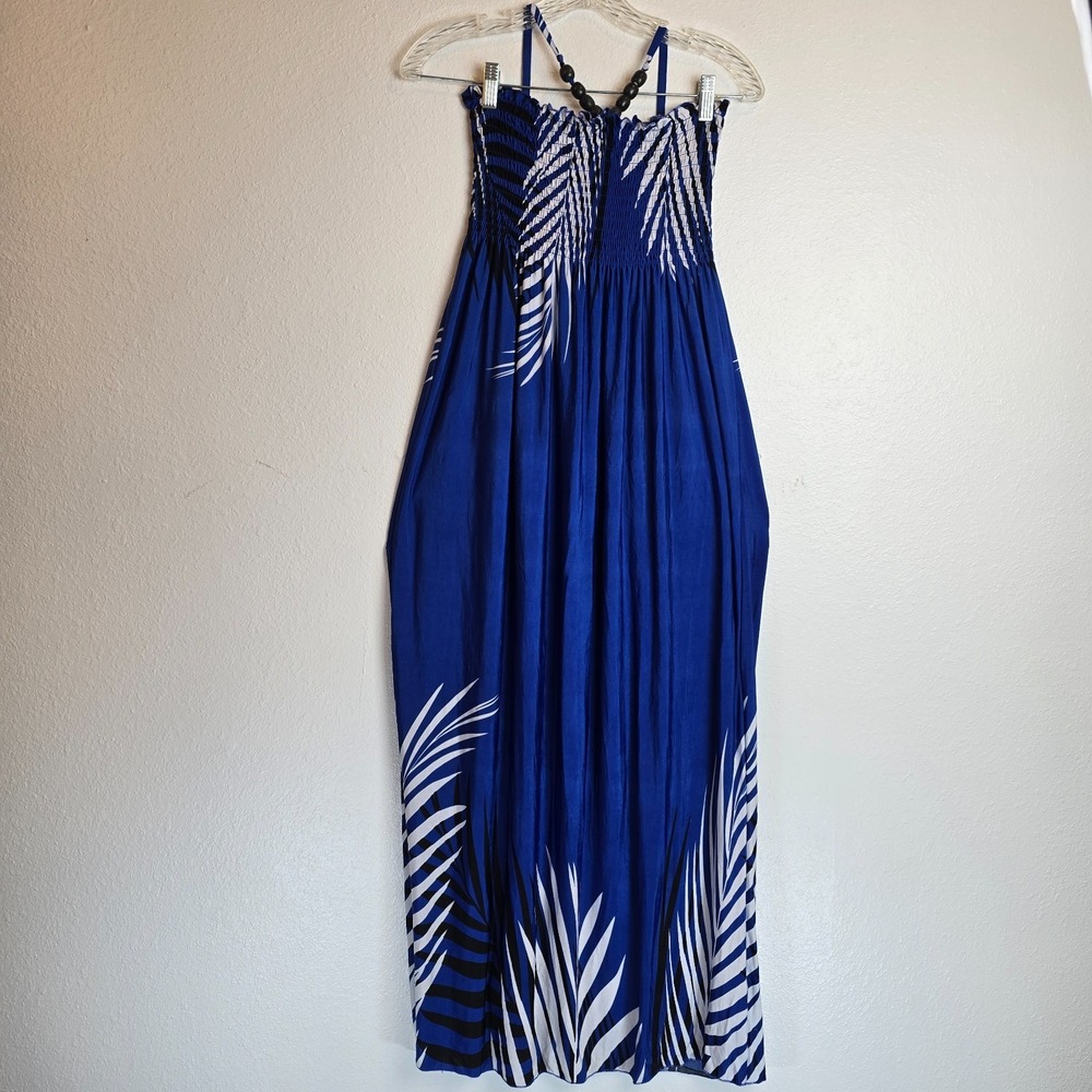 Christina Love Maxi Dress Womens XL Blue White Palm Print Stretch Smocked Bodice